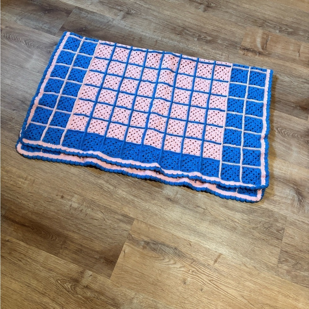 Vintage Handmade Crochet Afghan Pink and Blue With Granny Square Pattern